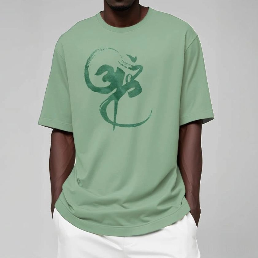 Dark grey Om Buddhist t-shirt lifestyle shot relaxed casual streetwear aesthetic