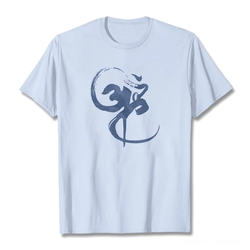 Om sacred mantra t-shirt detail shot showing watercolor brushstroke graphic print quality