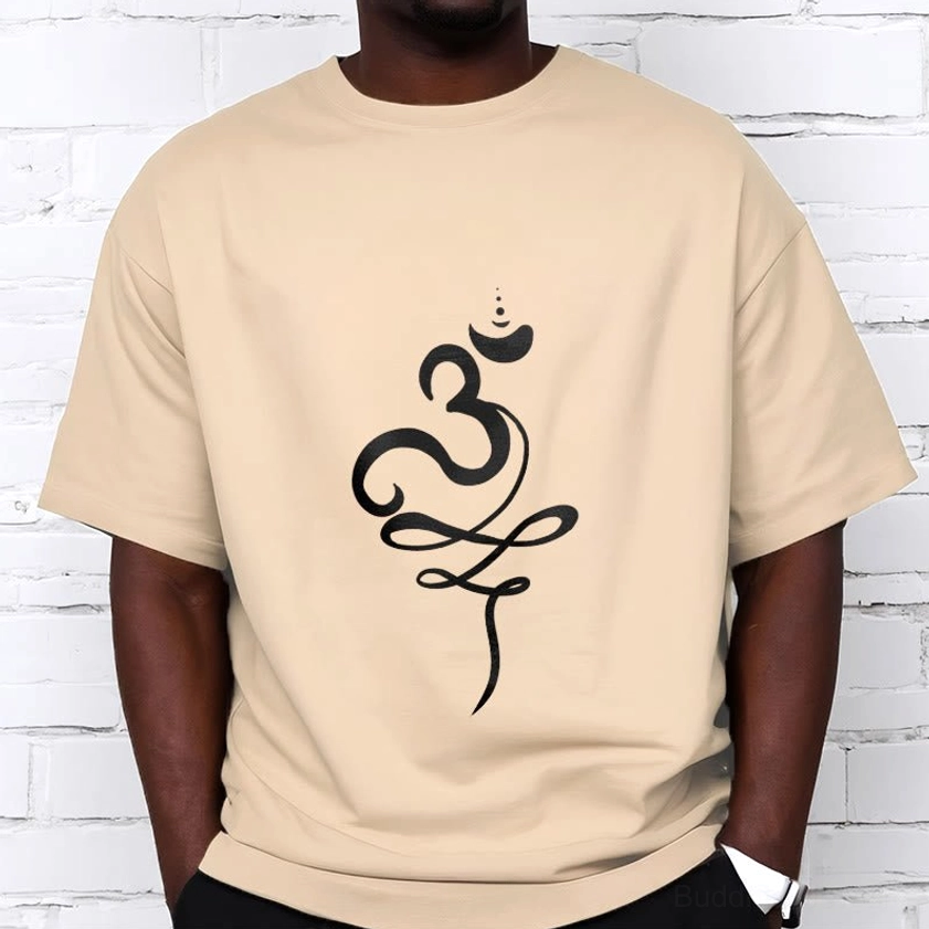 OM Sanskrit Buddhist T-Shirt light cyan color flat lay front detail