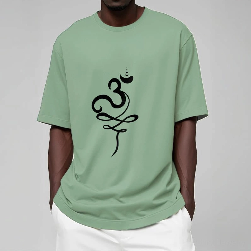 OM Sanskrit Buddhist T-Shirt light cyan female model styling