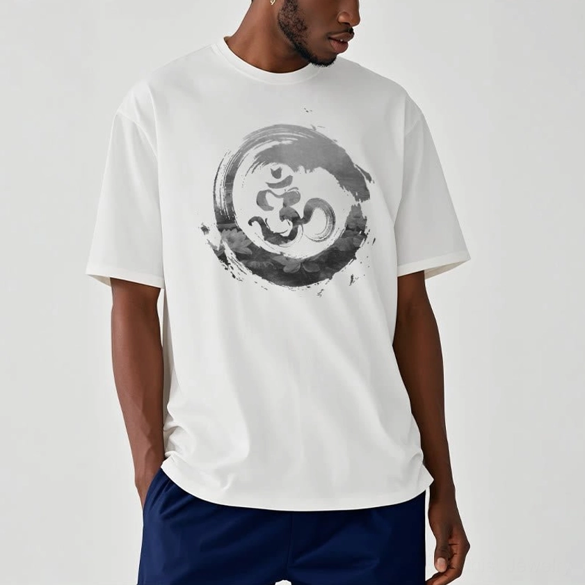 Buddhist Om symbol off-white cotton t-shirt half body worn relaxed fit