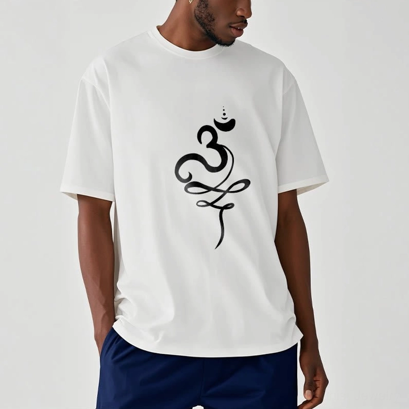 Man wearing white OM Sanskrit Buddhist T-Shirt soft cotton relaxed fit