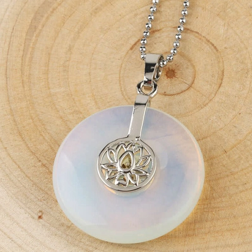 Opal lotus crystal donut pendant - natural gemstone healing charm with silver hardware