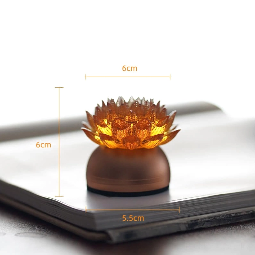 Amber orange lotus desk lamp with size marked, desktop notebook setting, bronze metal base