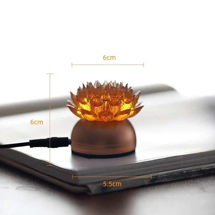 Orange lotus table lamp with copper brass base, side view with size labels, warm amber petal tones