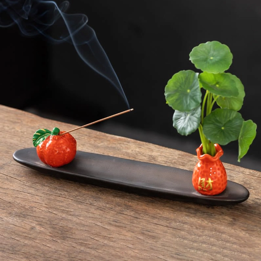 Orange Tangerine ceramic Buddhist incense burner with figurine joy abundance design