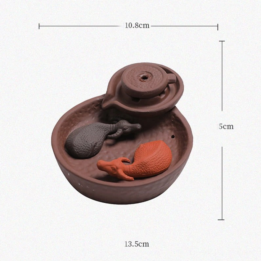 Ox incense burner flat top view with dimension measurements, ceramic ox figurines and mill structure on white background