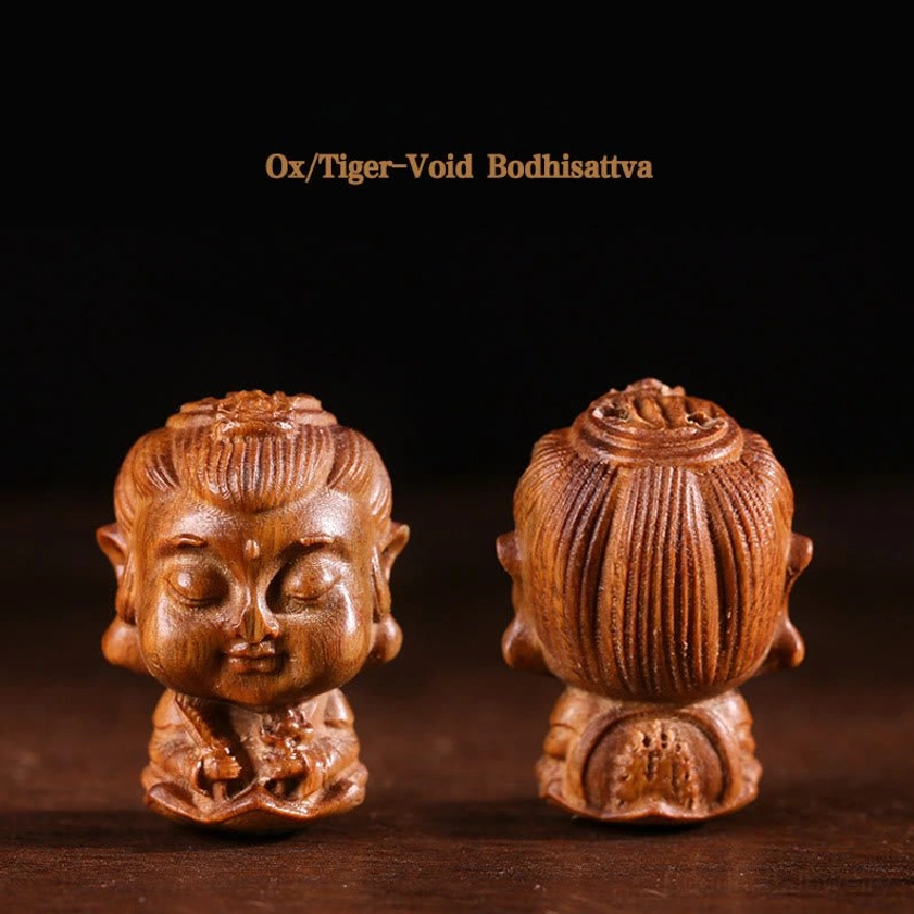 Ox and Tiger's patron Void Bodhisattva Buddha carved statue showing striped back cover design and chibi facial features