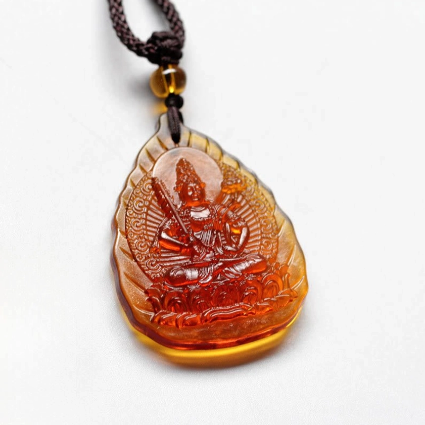 Ox and Tiger Void Bodhisattva Liuli crystal zodiac guardian Buddha leaf pendant with carved relief detail