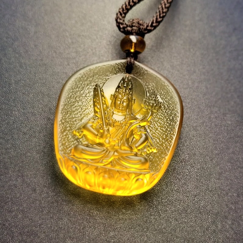 Ox and Tiger Zodiac Void Bodhisattva Liuli Crystal Pendant - Multi-Armed Haloed Buddha Emboss
