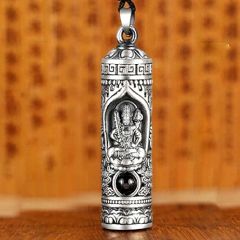 Ox tiger zodiac guardian Buddha necklace pendant with embossed Buddhist relief, aged silver finish and scroll carvings