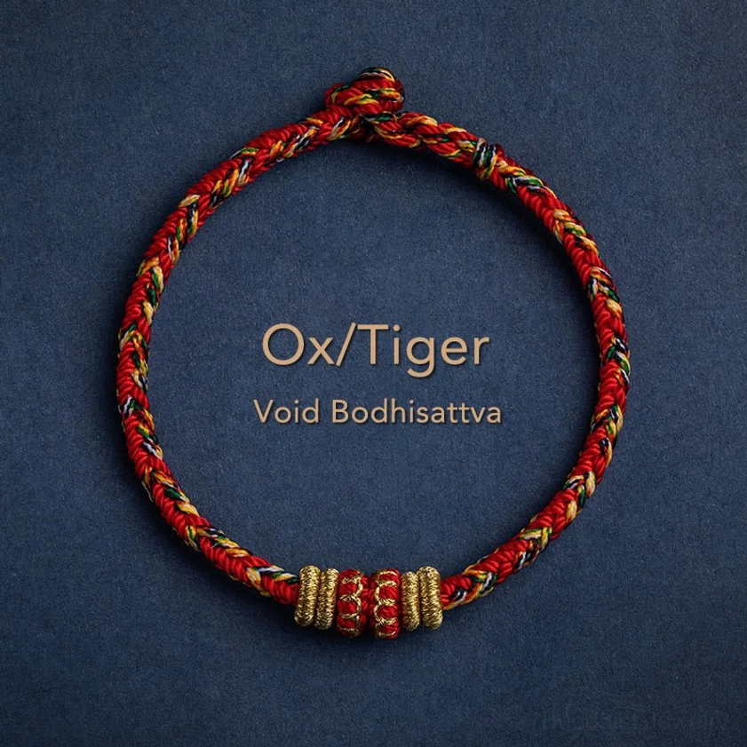 Ox and Tiger zodiac guardian buddhist bracelet with red woven rope and gold decorative segments