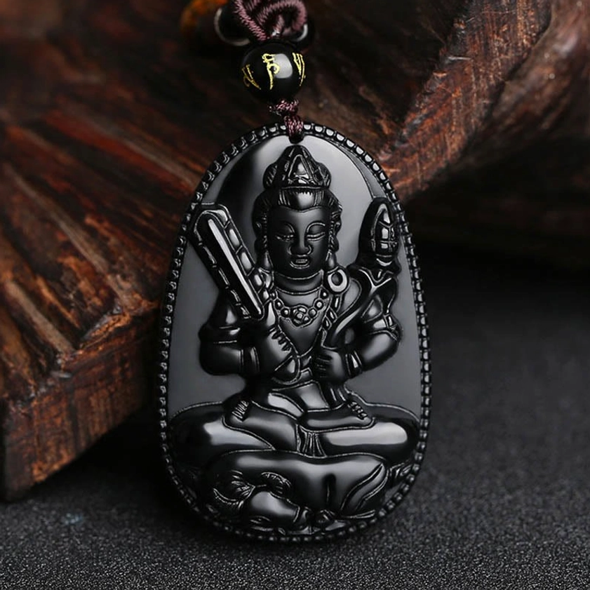 Ox zodiac Void Bodhisattva natural black obsidian strength Buddha protection pendant