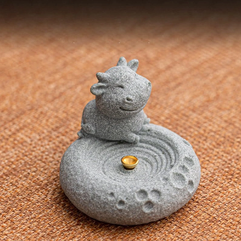 Ox zodiac incense burner front overhead view ripple tray golden socket