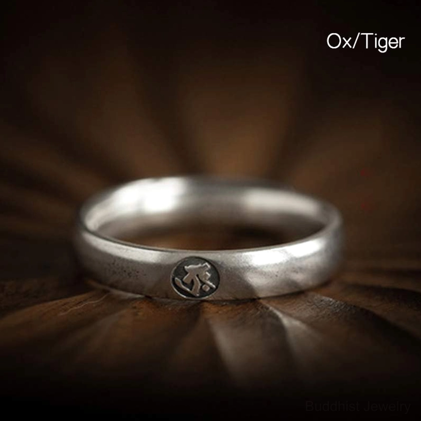 Ox zodiac natal buddha 925 sterling silver couple ring with embossed zodiac symbol