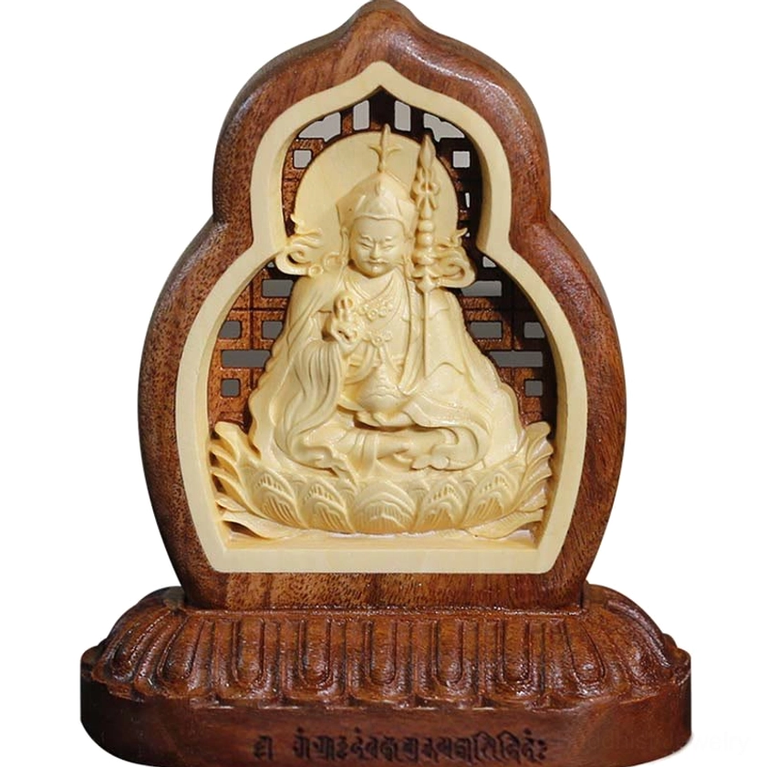 Padmasambhava Buddha wood carving statue full front view with clear engraved base text and dual-tone design