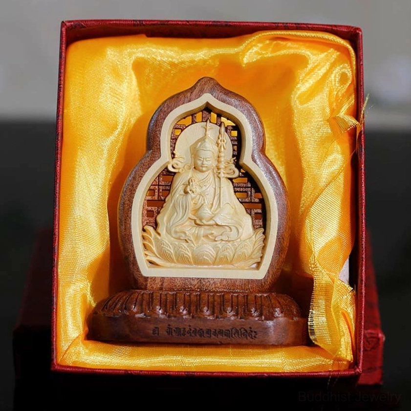 Padmasambhava Buddha wood carving statue in red gift box with yellow satin lining - premium packaging