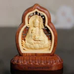 Padmasambhava Buddha hand-carved wood statue with dual-tone finish and engraved lotus pedestal - front view