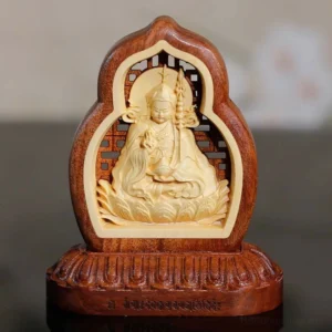 Padmasambhava Buddha hand-carved wood statue with dual-tone finish and engraved lotus pedestal - front view