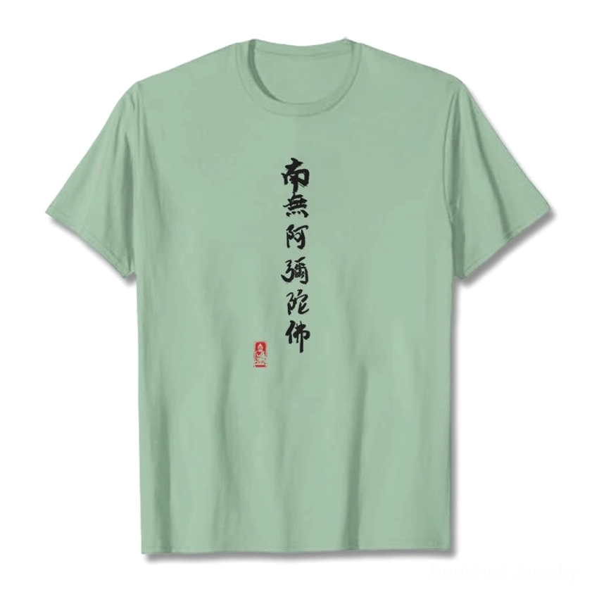 Pale green Amitabha Buddhist t-shirt with white sacred calligraphy and red stamp authentic traditional design