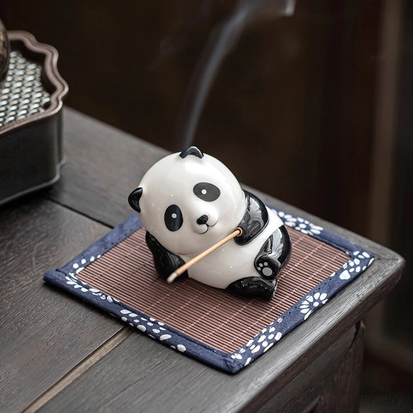 Panda incense burner with active incense stick producing aromatic smoke, perfect for Buddhist meditation, yoga, and mindfulness practice