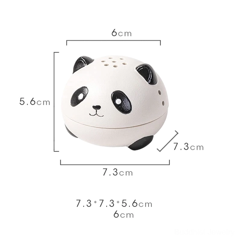 Product specification shot of small panda ceramic incense burner on white background, showing dimensions 7.3x7.3x5.6cm