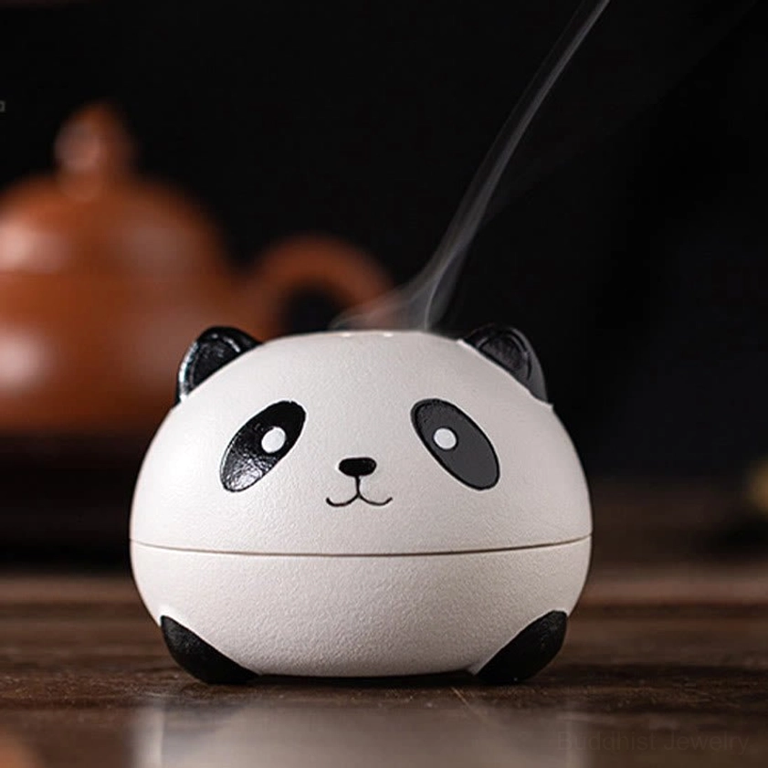 Panda ceramic incense burner detail shot highlighting handcrafted quality, matte ceramic finish, and smoke emissions