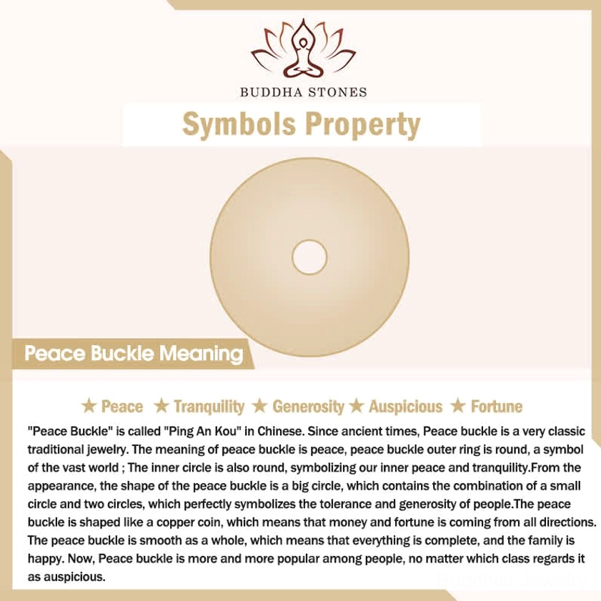Peace buckle symbolism and meaning guide graphic explaining auspicious meanings of peace, fortune, tranquility, and inner harmony in Buddhist tradition