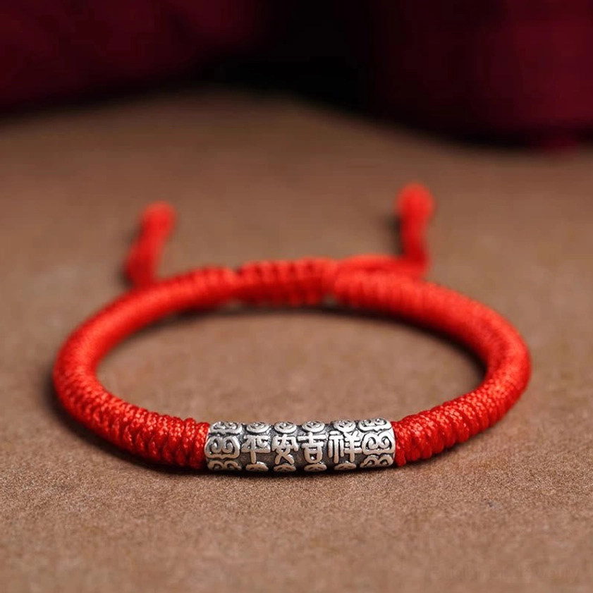 Peace and good fortune red rope bracelet with 999 sterling silver engraved charm