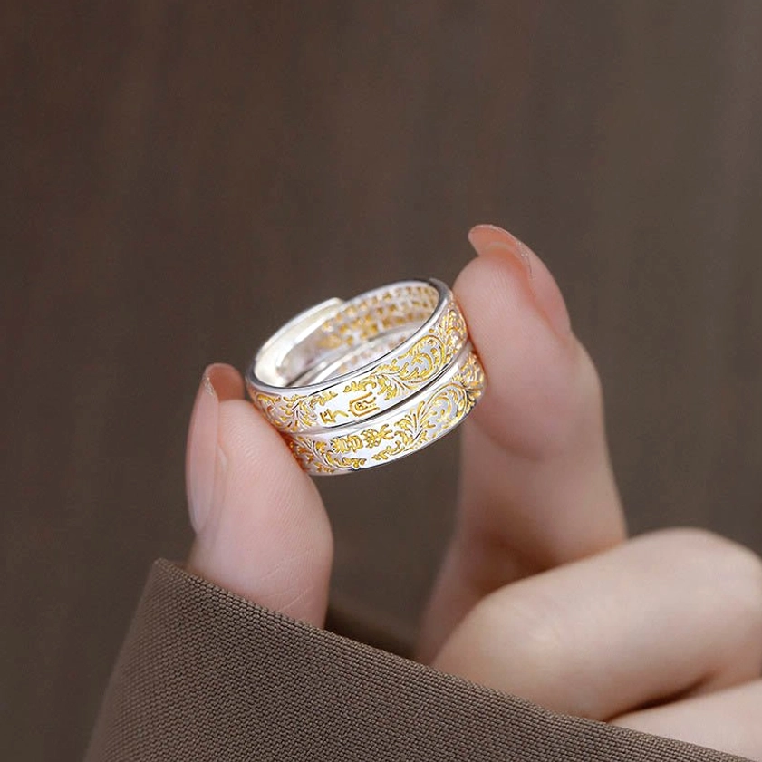 Handcrafted adjustable Buddhist ring featuring peace and joy symbolism with Tang dynasty lotus design and heart sutra