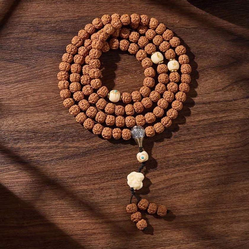Peaceful years and good harvest 108 bead mala 10mm bodhi seeds with three-eye dzi protection