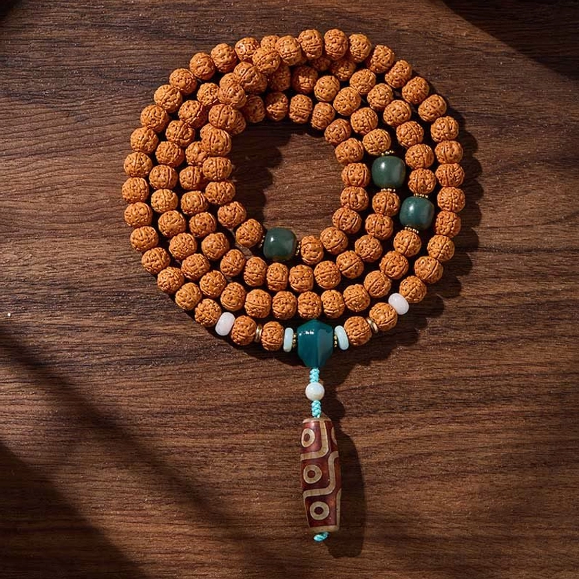 Peaceful years good harvest pattern 8mm bodhi seed mala with three-eye dzi bead Buddhist prayer