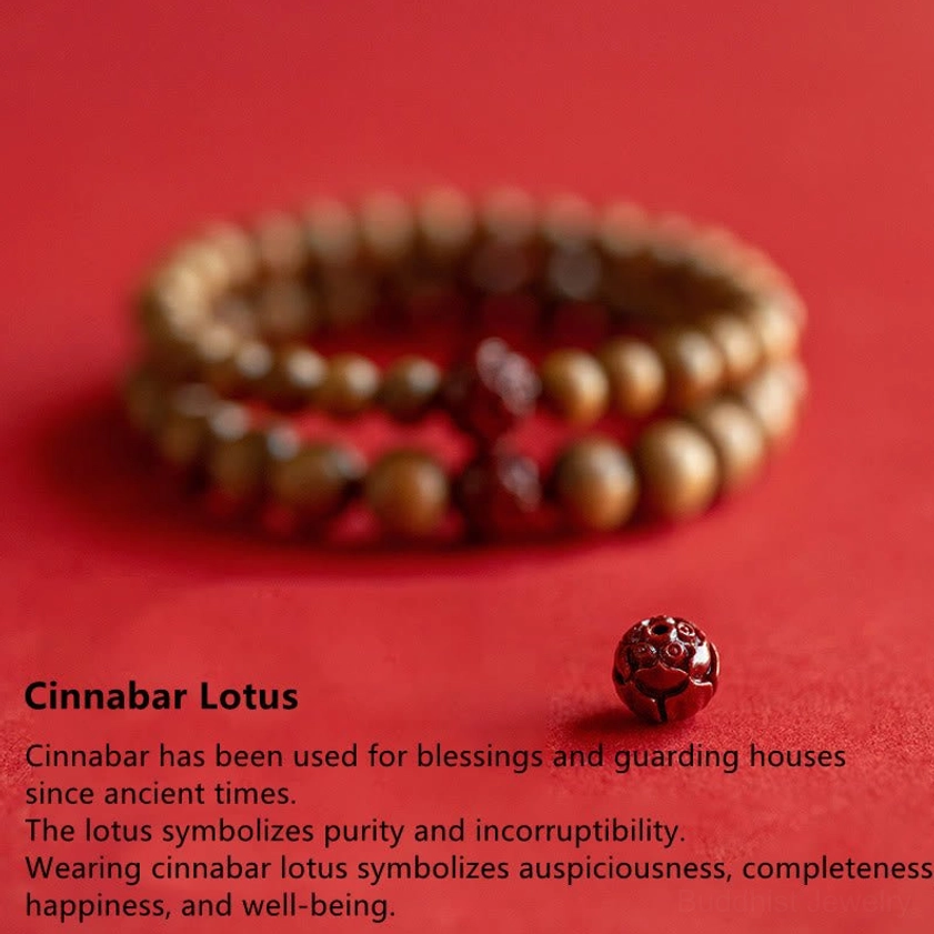 Stacked Buddhist protection bracelets with loose cinnabar lotus bead and informational text about symbolism