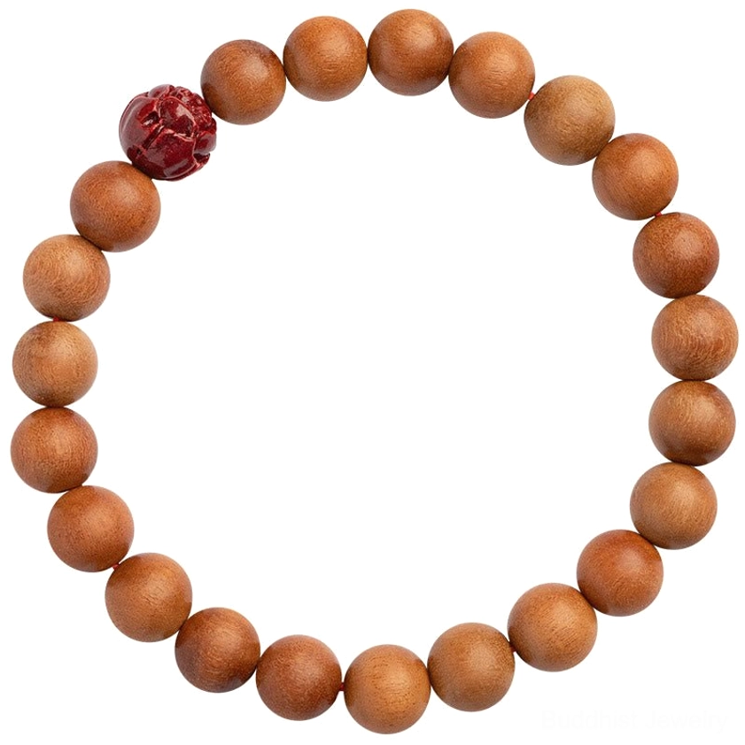 Peach wood cinnabar lotus Buddhist protection bracelet product display showing complete craftsmanship