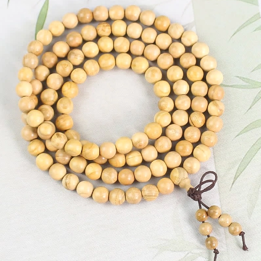8mm new craft peach wood mala with light wood grain and simple knot tassel