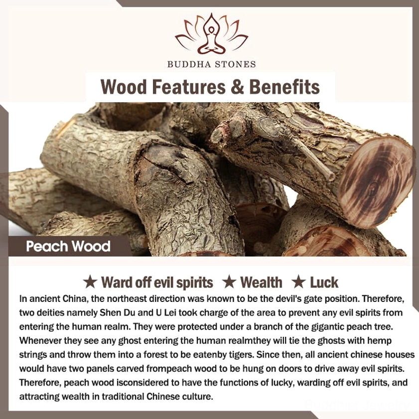 Peach wood material benefits infographic showing raw peach wood logs and traditional uses for warding off evil, attracting wealth and good luck