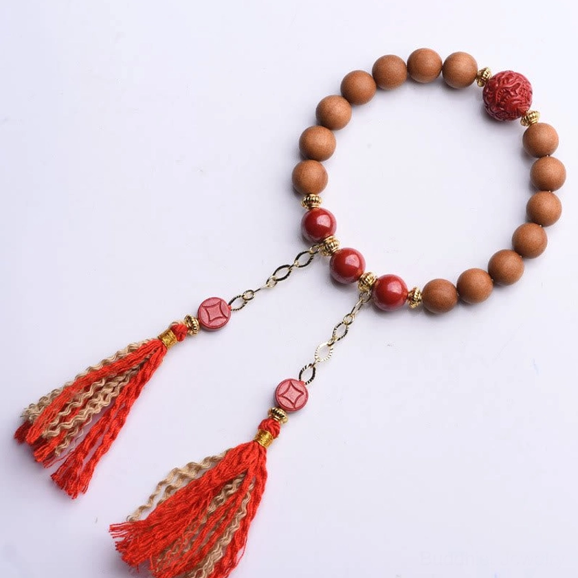 Peach wood pixiu prosperity bracelet with red cinnabar beads perfect for Buddhist practice, meditation, and feng shui alignment