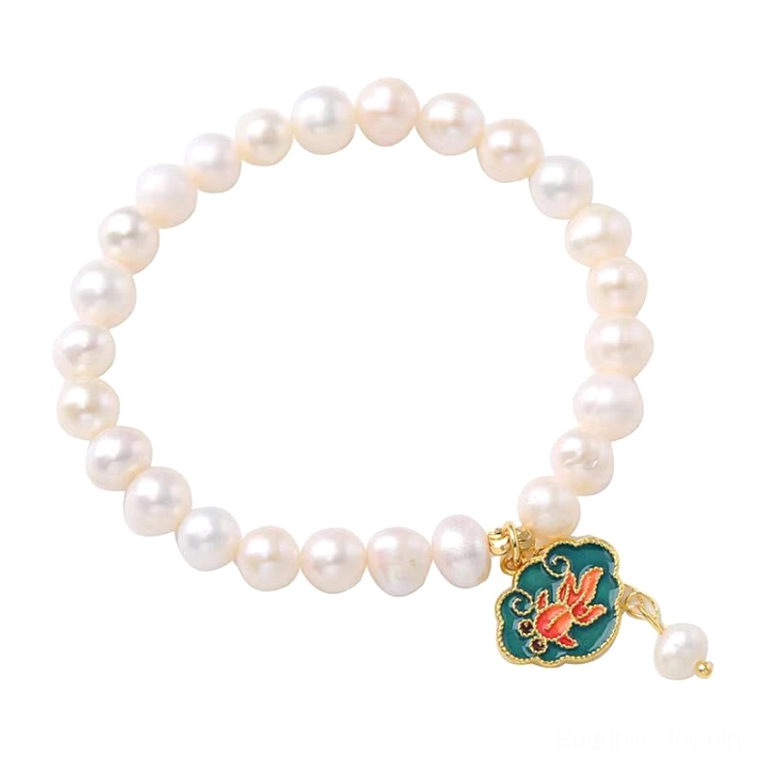 Pearl koi lotus charm bracelet on white background, perfect product photography showing enameled koi fish pendant and freshwater pearl beads clearly