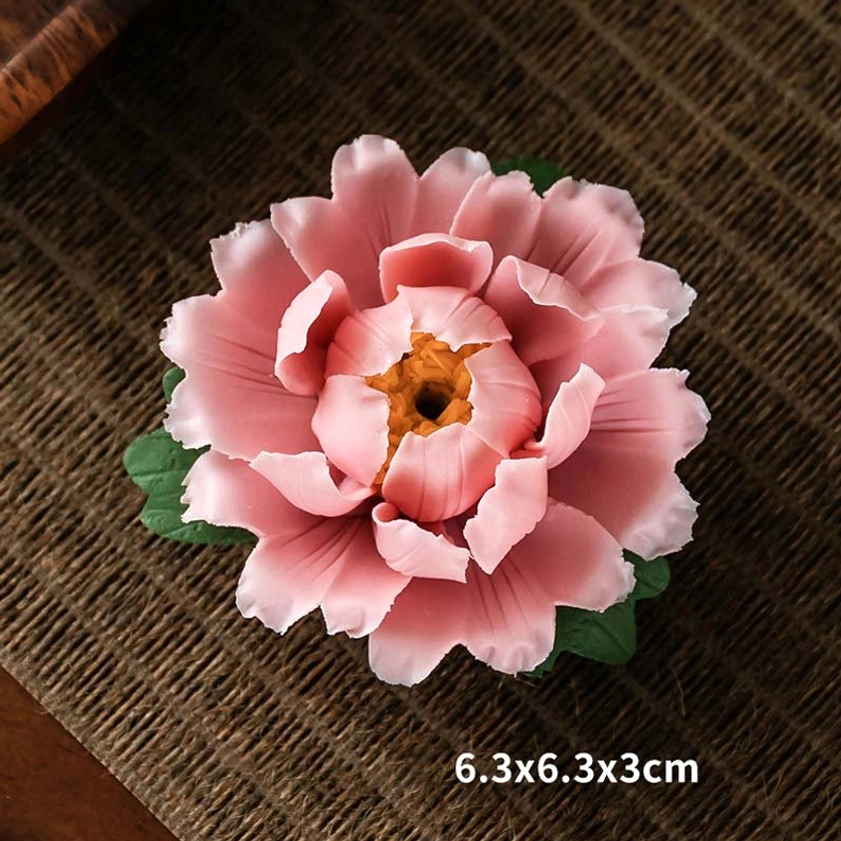 Pink peony incense burner with size marking 6.3x6.3x3cm on linen placemat