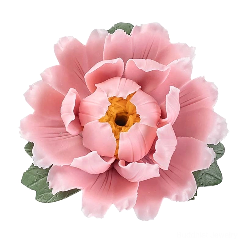 Full bloom pink peony ceramic incense burner with lifelike layered petals on white background