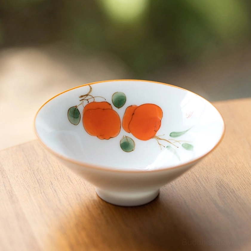 Persimmon design hand-painted Buddhist ceramic teacup abundance symbolism