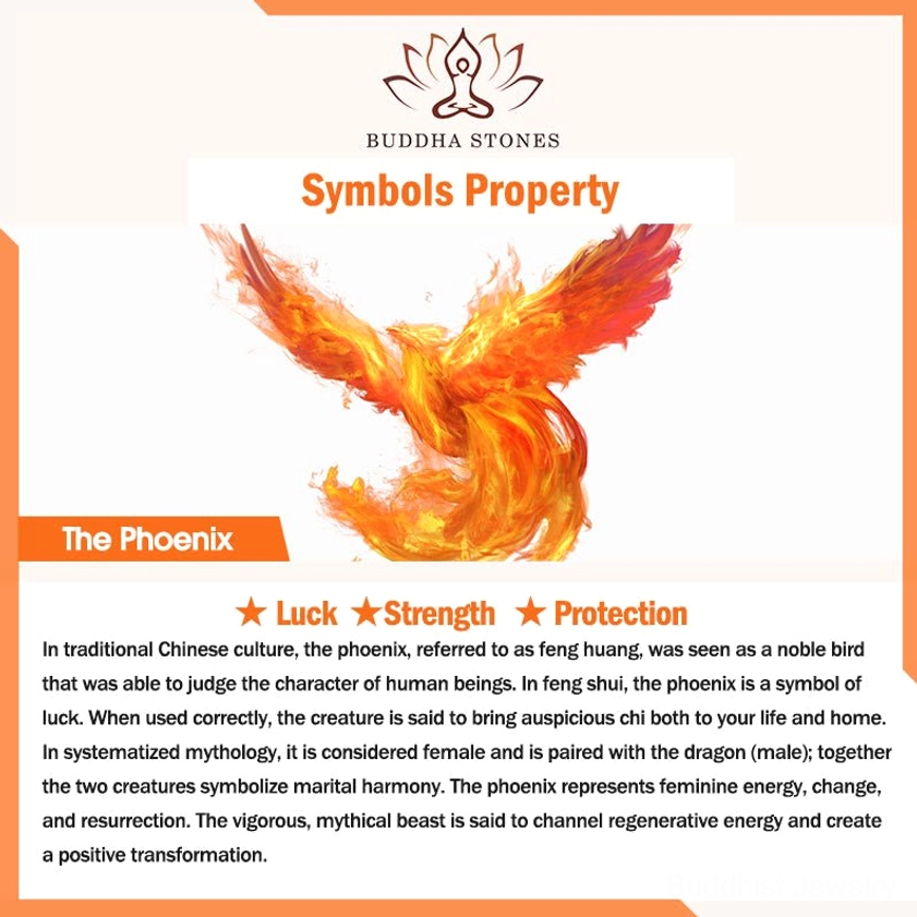 Phoenix symbol introduction poster displaying auspicious benefits and cultural significance for Buddhist jewelry