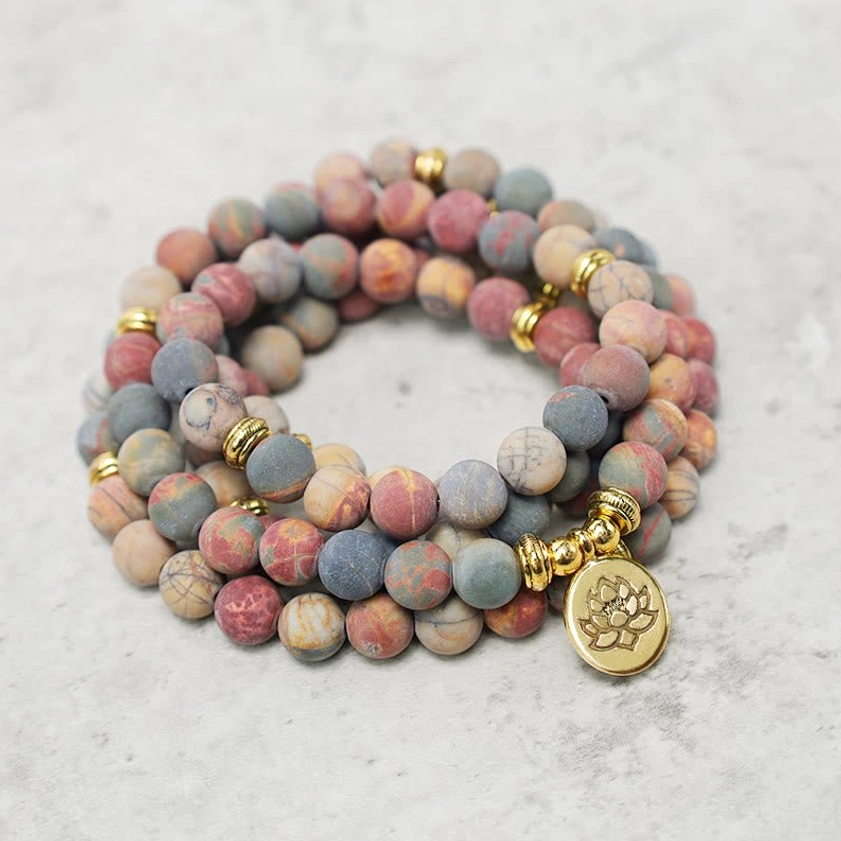 Picasso Jasper 108 mala beads bracelet oblique angle showing natural variegated earthy stone colors