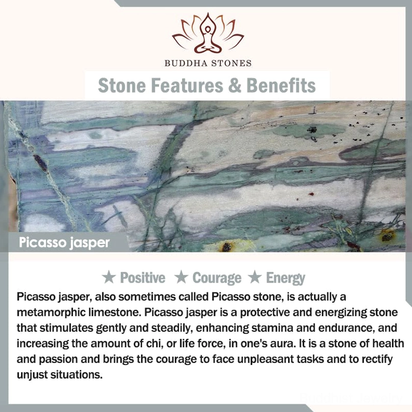 Picasso jasper stone introduction card with healing properties text and artistic stone pattern background