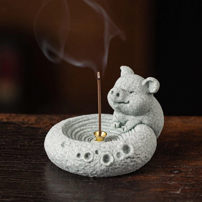Pig zodiac incense burner side view angle detail