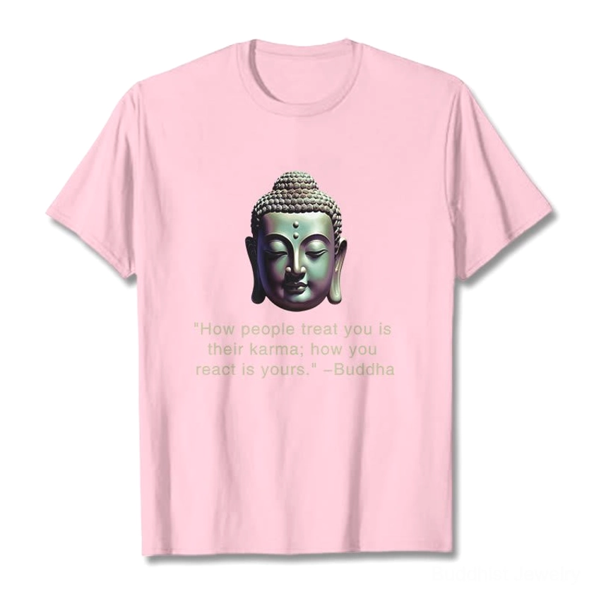 Soft pink Buddha karma quote printed cotton t-shirt flat lay crew neck design