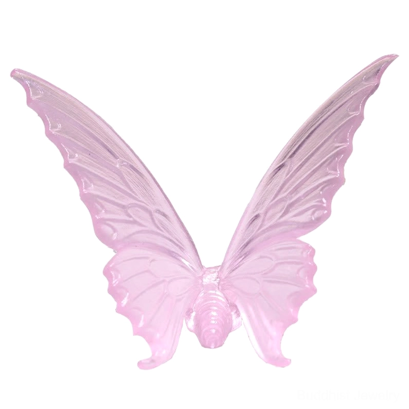 Flat lay front view of solid pink translucent Liuli glass butterfly on white background