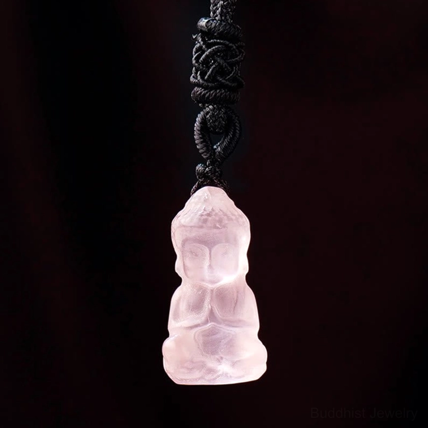 Pink crystal Buddha pendant with black braided necklace - pale pink rose quartz with adjustable cord