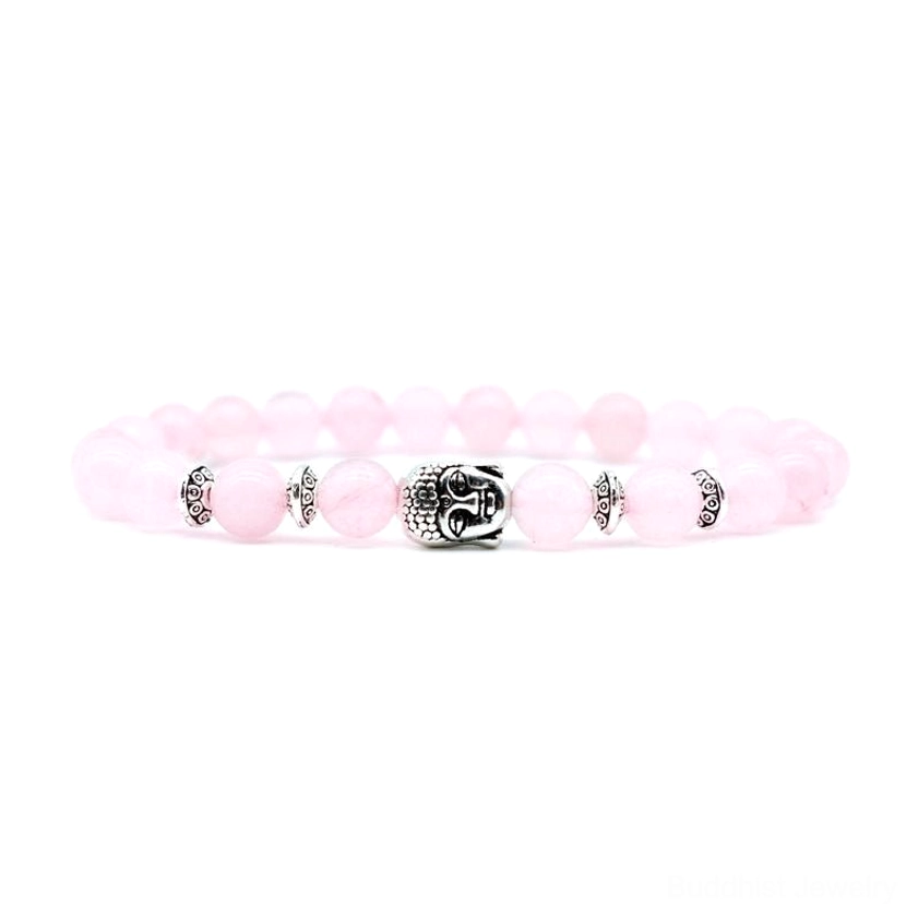 Pink crystal Buddhist healing bracelet with rose quartz beads and silver Buddha charm - featuring love and self-acceptance energy