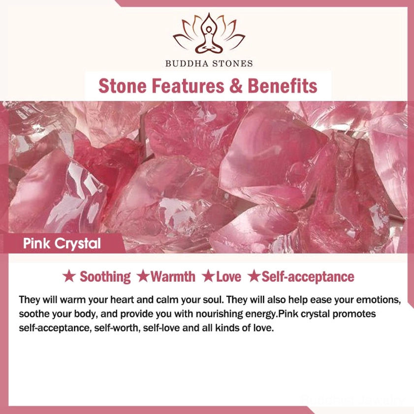 Pink crystal healing properties infographic highlighting soothing warmth love and self-acceptance benefits